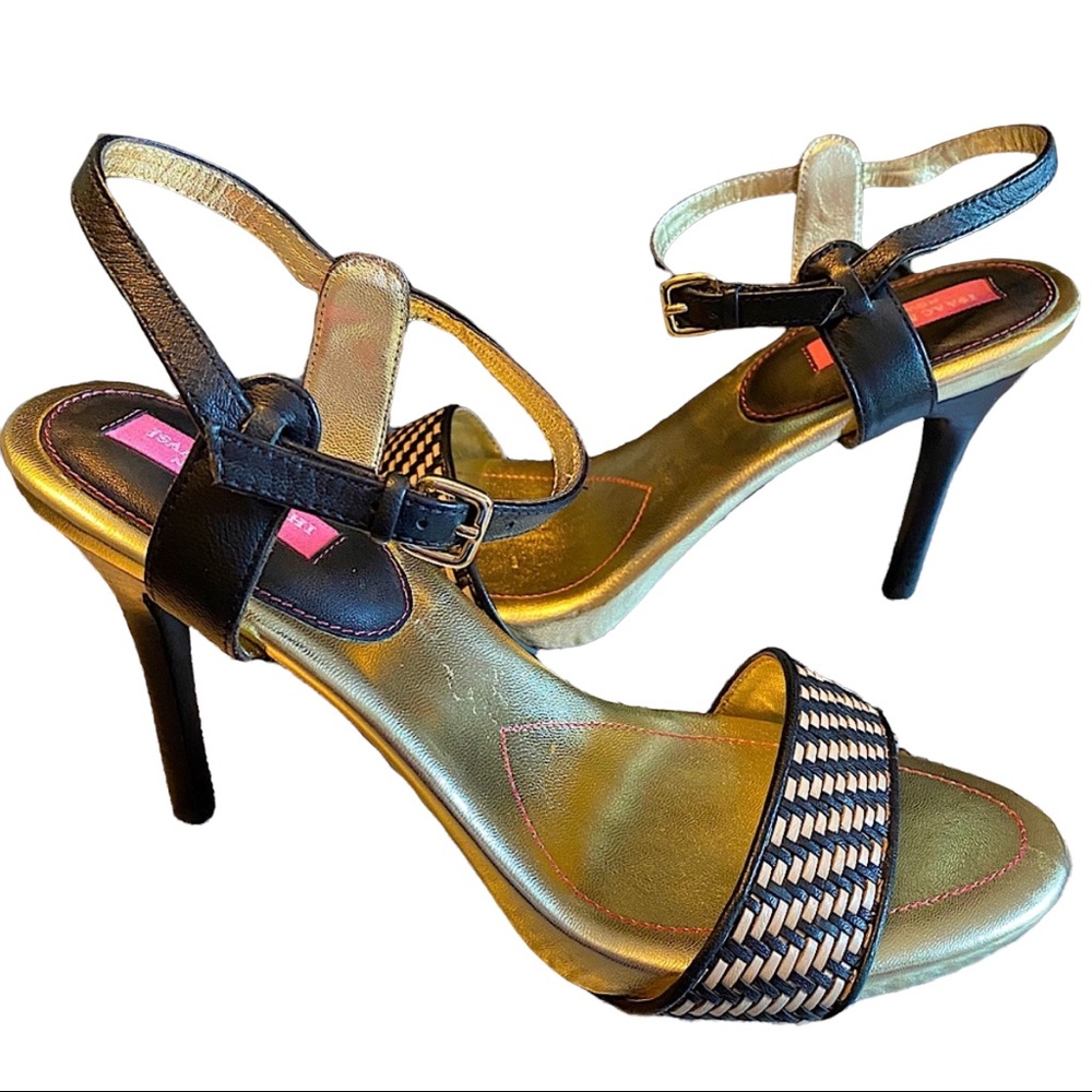 Isaac Mizrahi Strappy Stiletto Cocktail Heels Black & Gold 9